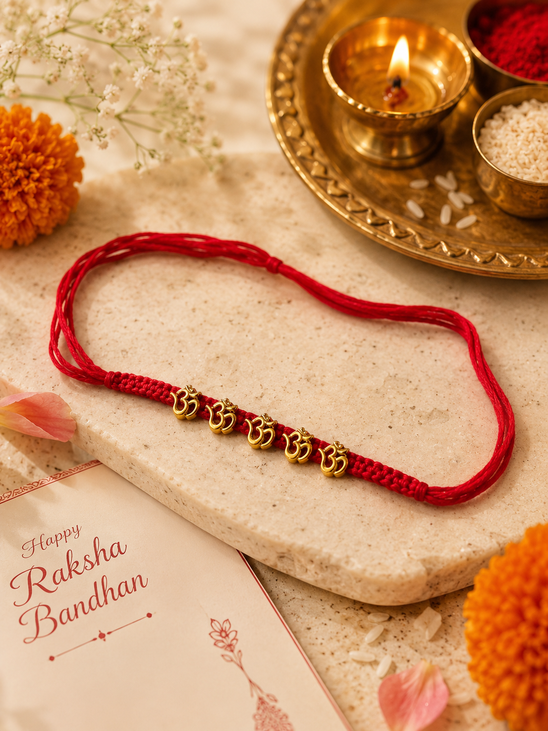 Set of 3 Designer Rakhi Combo – Om Rakhi, Divine Charm Rakhi & Traditional Pearl Rakhi