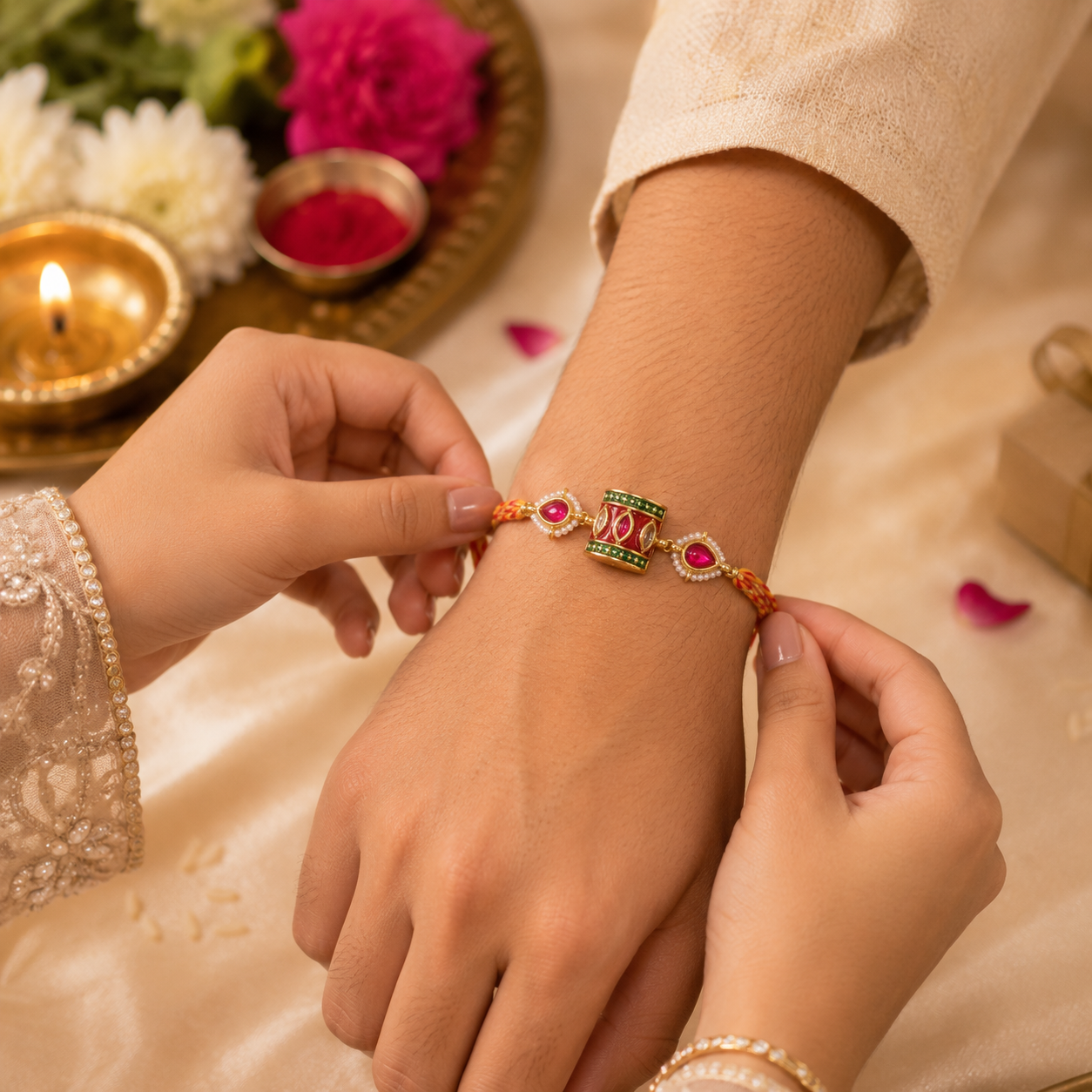 Royal Dhol Handmade Rakhi with Kundan Accents & Pearl Detailing
