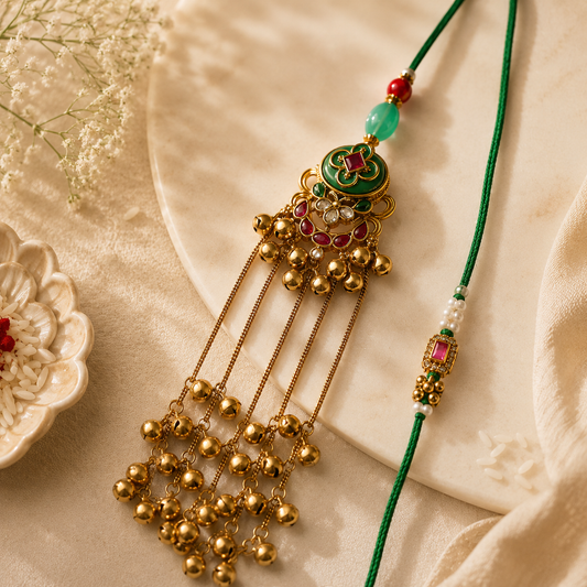 Emerald Green Bhaiya Bhabhi Rakhi Set – Traditional Lumba & Designer Rakhi Combo