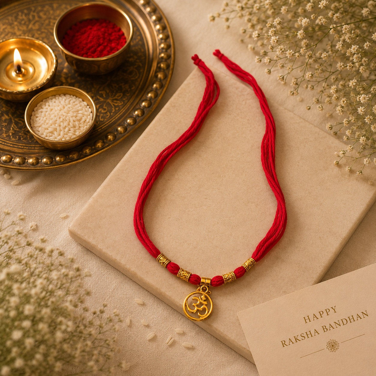 Sacred Trio Rakhi Set – Floral Bead, Om Charm & Traditional Thread Rakhi Collection