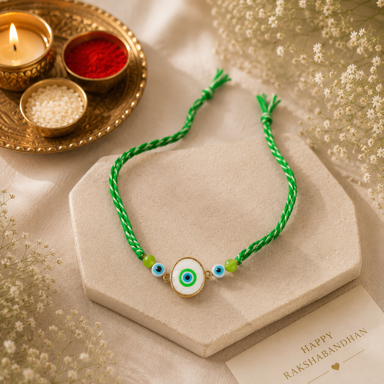 Evil Eye & Pastel Charm Rakhi Set – Handcrafted Designer Rakhi Combo for Brother