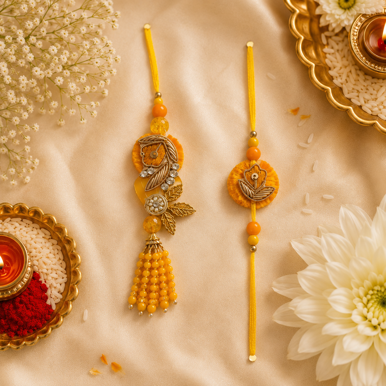 Handcrafted Yellow Bhaiya Bhabhi Rakhi Set with Floral Lumba & Beaded Tassels