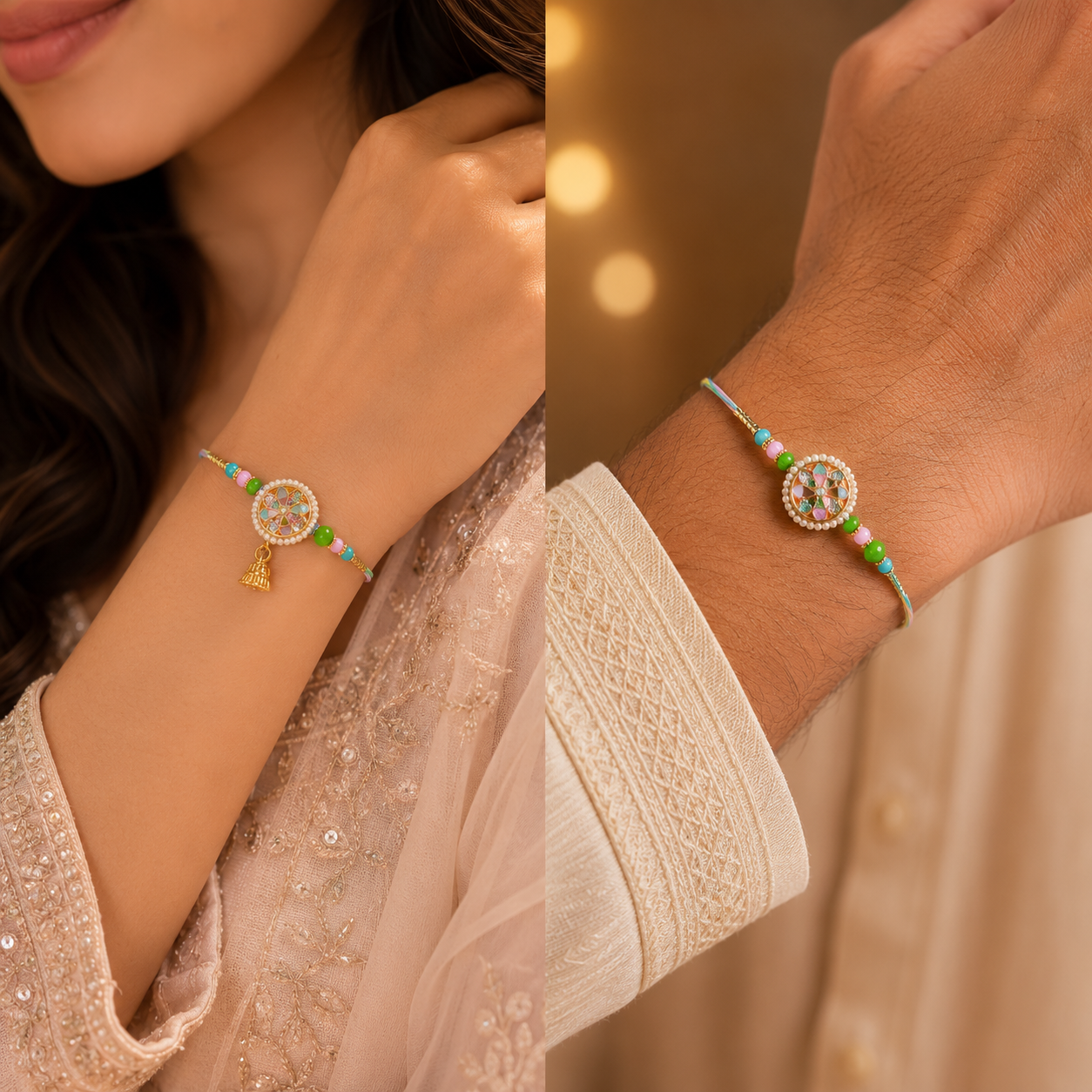 Designer Floral Pearl Rakhi Set with Pastel Enamel & Ghungroo Charm
