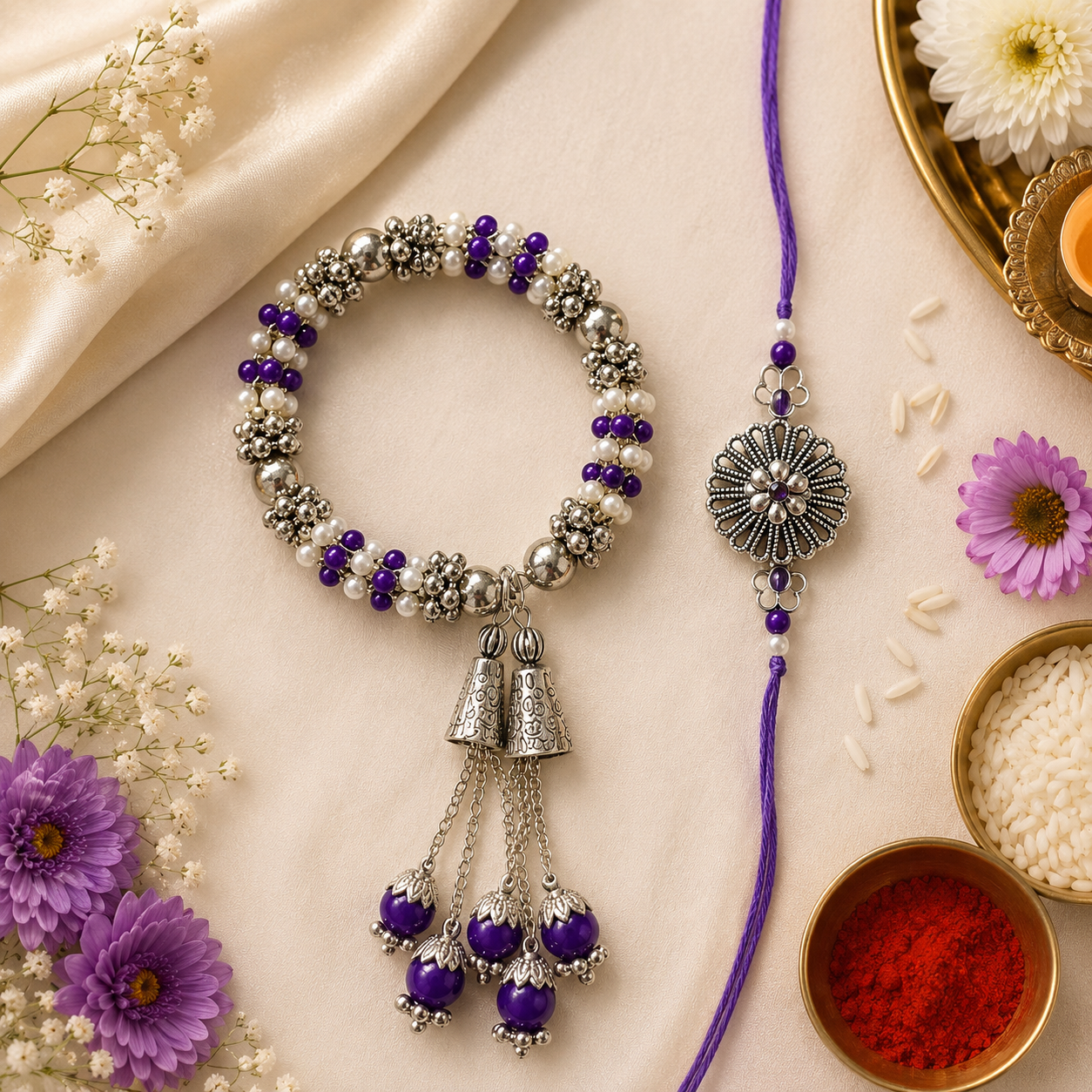 Bhaiya Bhabhi Rakhi Set – Beaded Bracelet Lumba & Floral Designer Rakhi Combo