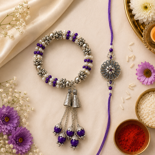 Bhaiya Bhabhi Rakhi Set – Beaded Bracelet Lumba & Floral Designer Rakhi Combo