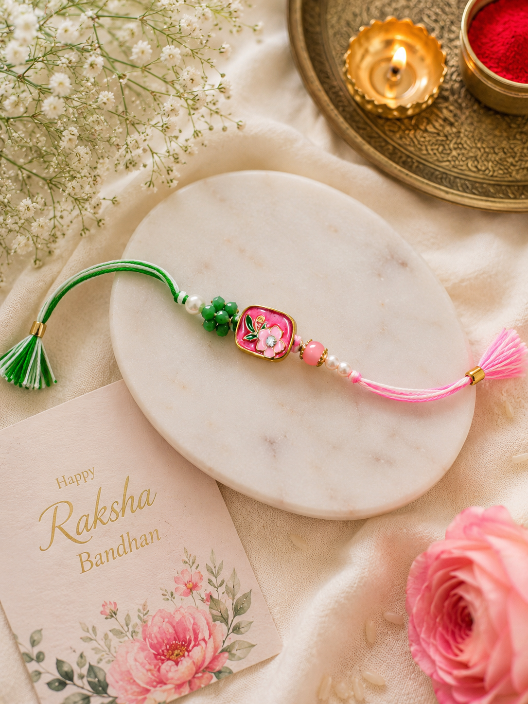 Floral Meenakari Rakhi Set – Handcrafted Pink & Pearl Designer Rakhi Collection (Set of 2)