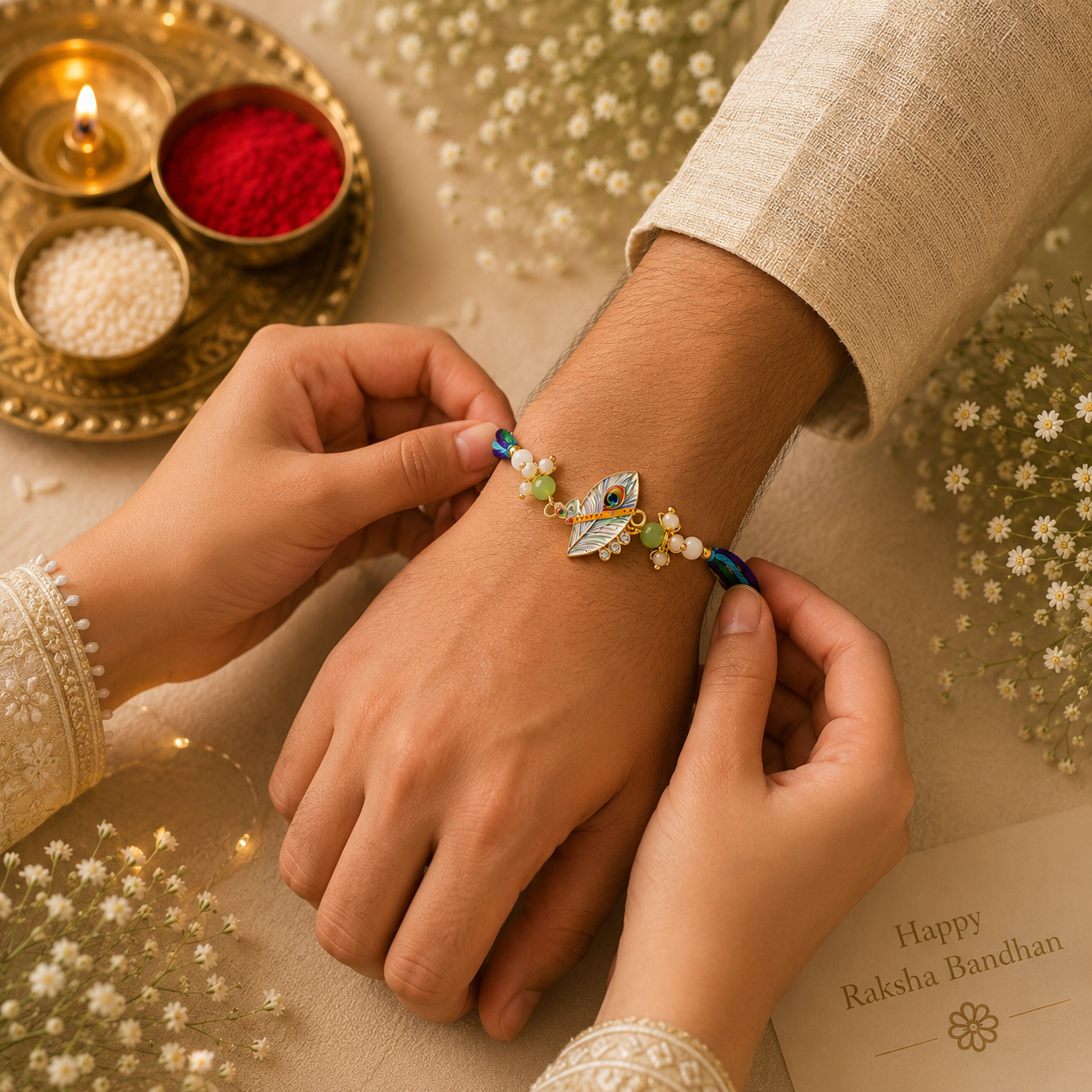 Peacock Charm & Flute Feather Rakhi Set – Handcrafted Designer Rakhi Combo