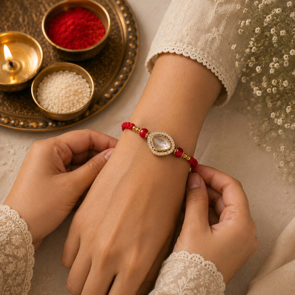 Pastel Elegance & Crystal Teardrop Rakhi Set – Handcrafted Designer Rakhi Combo