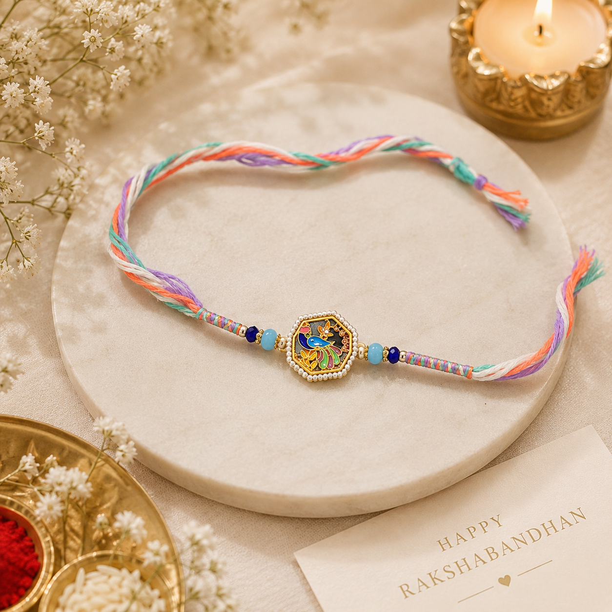 Designer Rakhi Set of 2 | Peacock Enamel & Kundan Stone Rakhi Combo