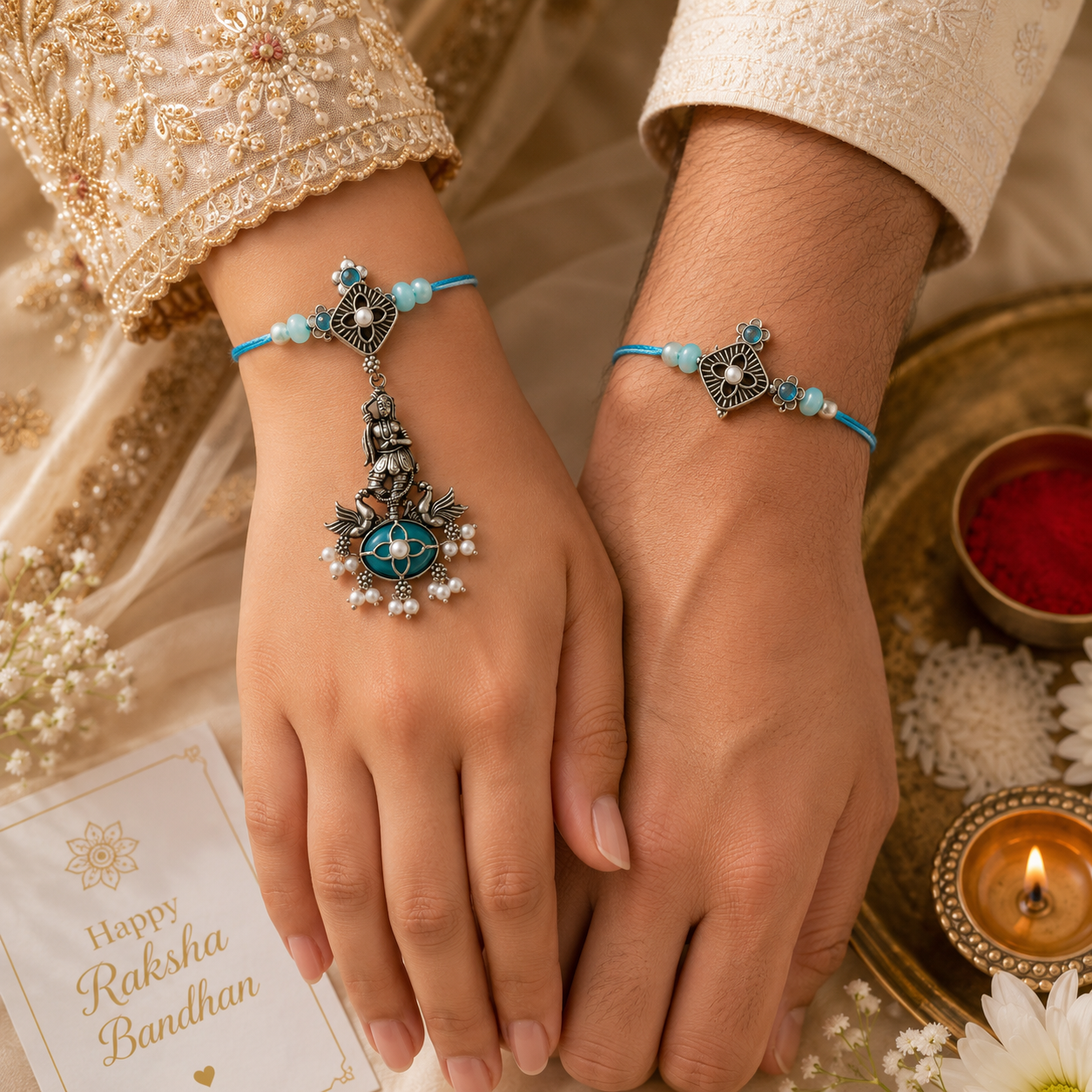 Oxidised Bhaiya Bhabhi Rakhi Set – Divine Krishna Lumba & Pearl Designer Rakhi Combo