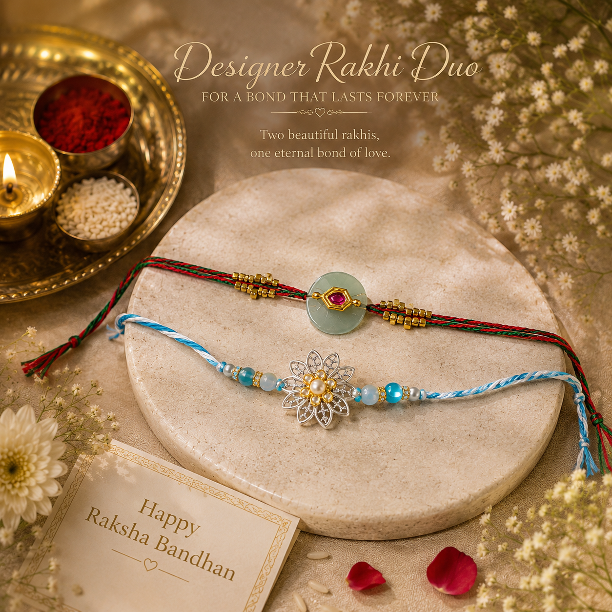 Designer Rakhi Set of 2 – Jade Resin & Floral Charm Handcrafted Rakhis