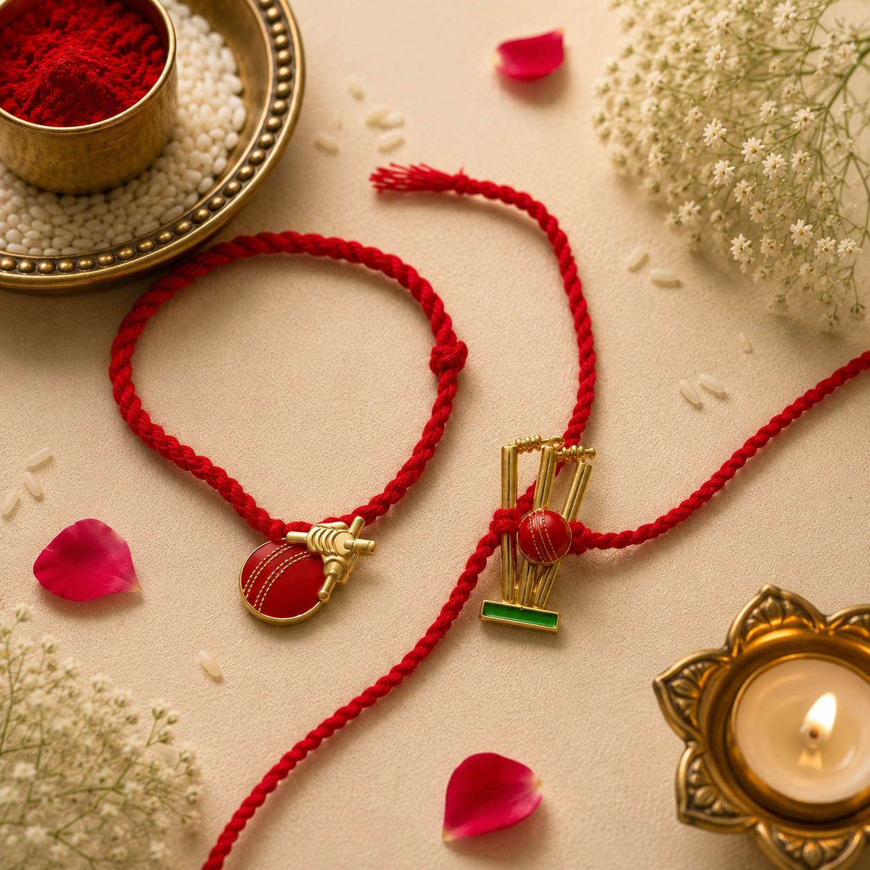 Cricket Ball & Stumps Rakhi Set – Handcrafted Designer Rakhi for Raksha Bandhan
