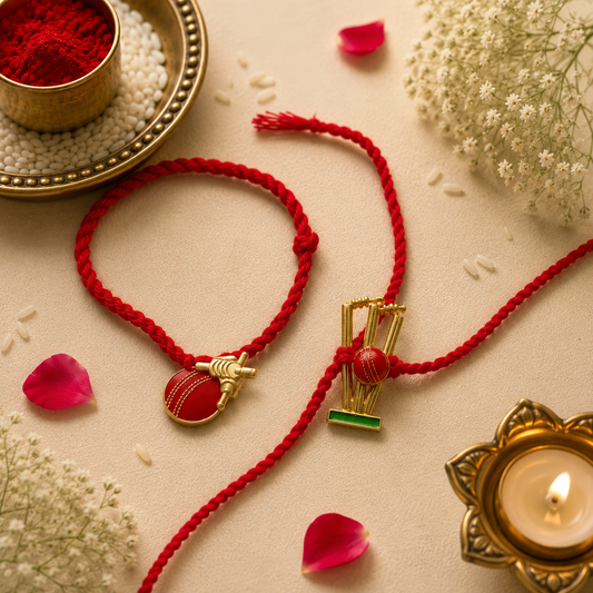 Cricket Ball & Stumps Rakhi Set – Handcrafted Designer Rakhi for Raksha Bandhan