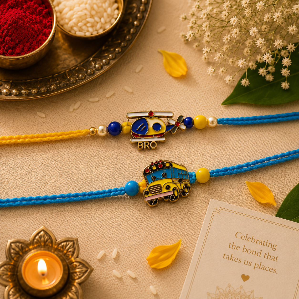 Kids Adventure Rakhi Set – Helicopter & School Bus Designer Rakhi for Raksha Bandhan