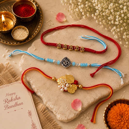 Set of 3 Designer Rakhi Combo – Om Rakhi, Divine Charm Rakhi & Traditional Pearl Rakhi