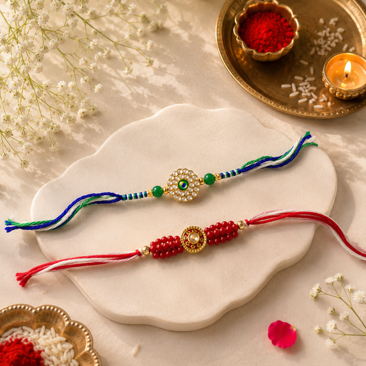 Designer Evil Eye & Red Beaded Rakhi Set of 2