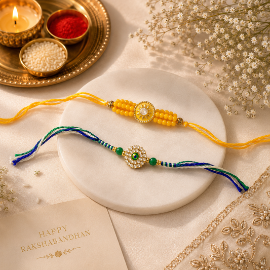Designer Evil Eye & Yellow Beaded Rakhi Set of 2
