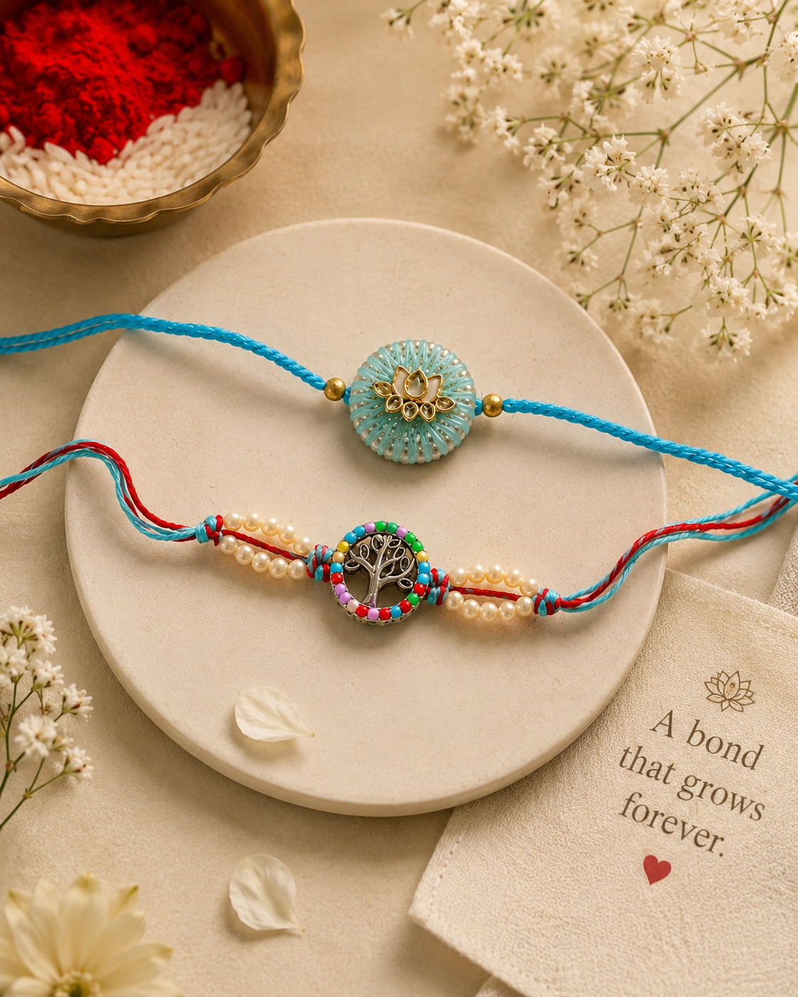 Lotus Grace & Tree of Life Rakhi Set – Handcrafted Designer Rakhi Combo for Brother