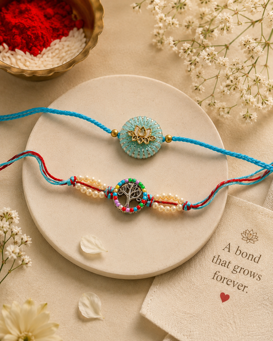 Lotus Grace & Tree of Life Rakhi Set – Handcrafted Designer Rakhi Combo for Brother