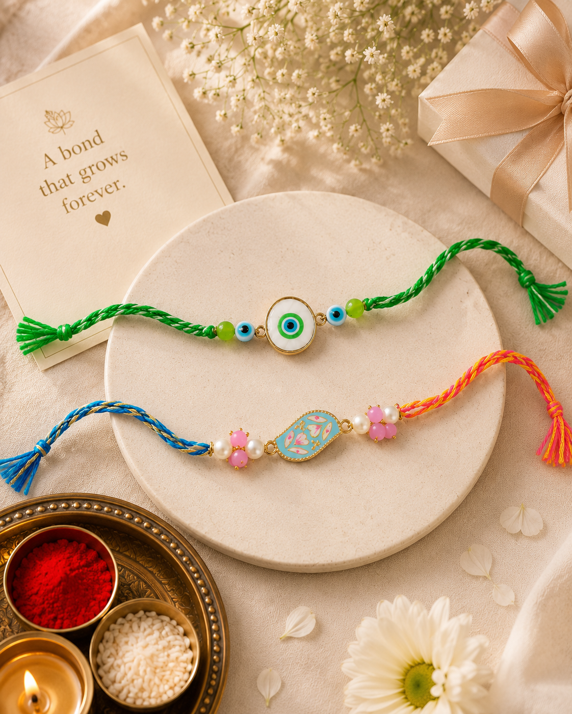 Evil Eye & Pastel Charm Rakhi Set – Handcrafted Designer Rakhi Combo for Brother