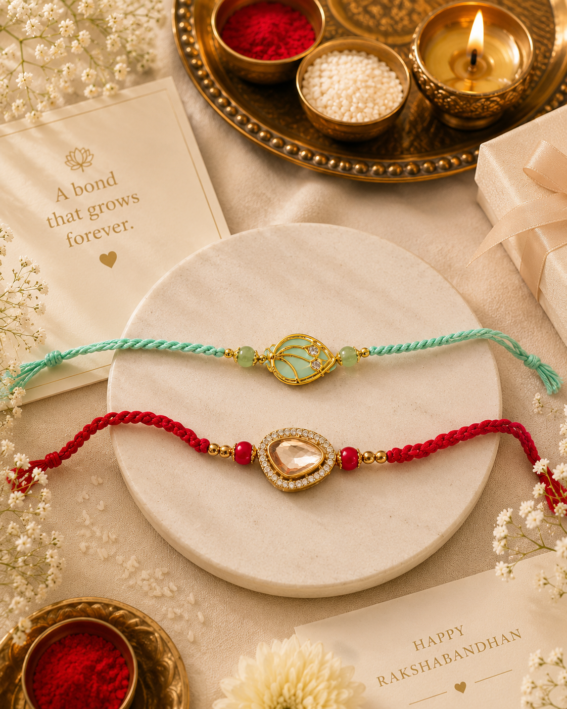 Pastel Elegance & Crystal Teardrop Rakhi Set – Handcrafted Designer Rakhi Combo