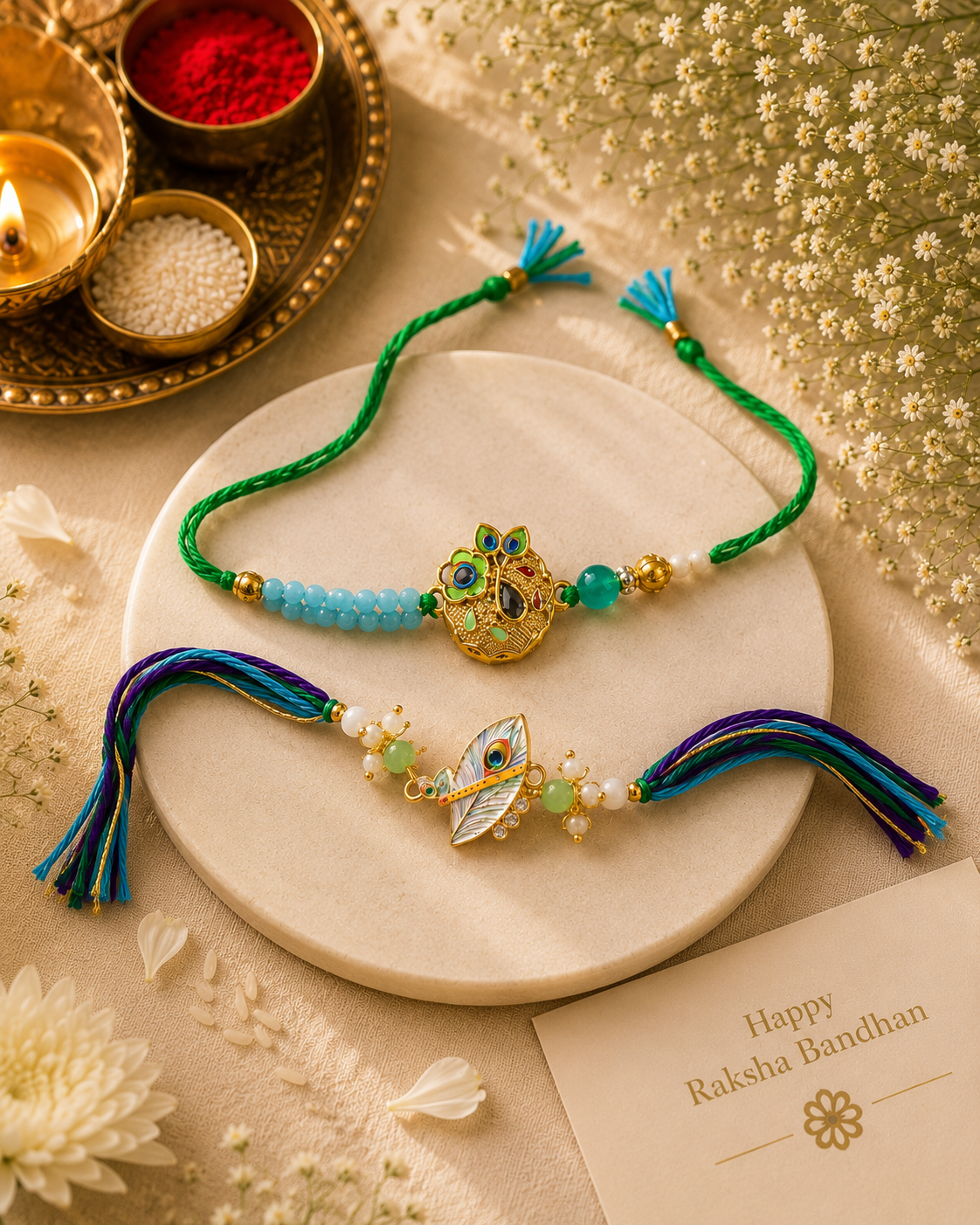 Peacock Charm & Flute Feather Rakhi Set – Handcrafted Designer Rakhi Combo