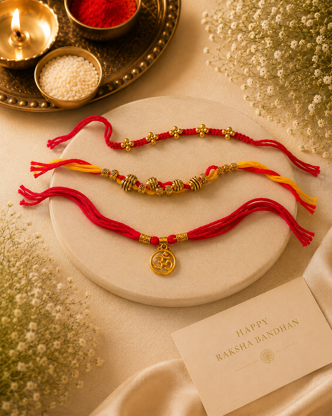 Sacred Trio Rakhi Set – Floral Bead, Om Charm & Traditional Thread Rakhi Collection