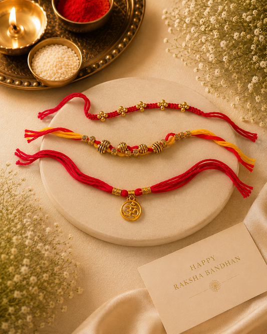 Sacred Trio Rakhi Set – Floral Bead, Om Charm & Traditional Thread Rakhi Collection