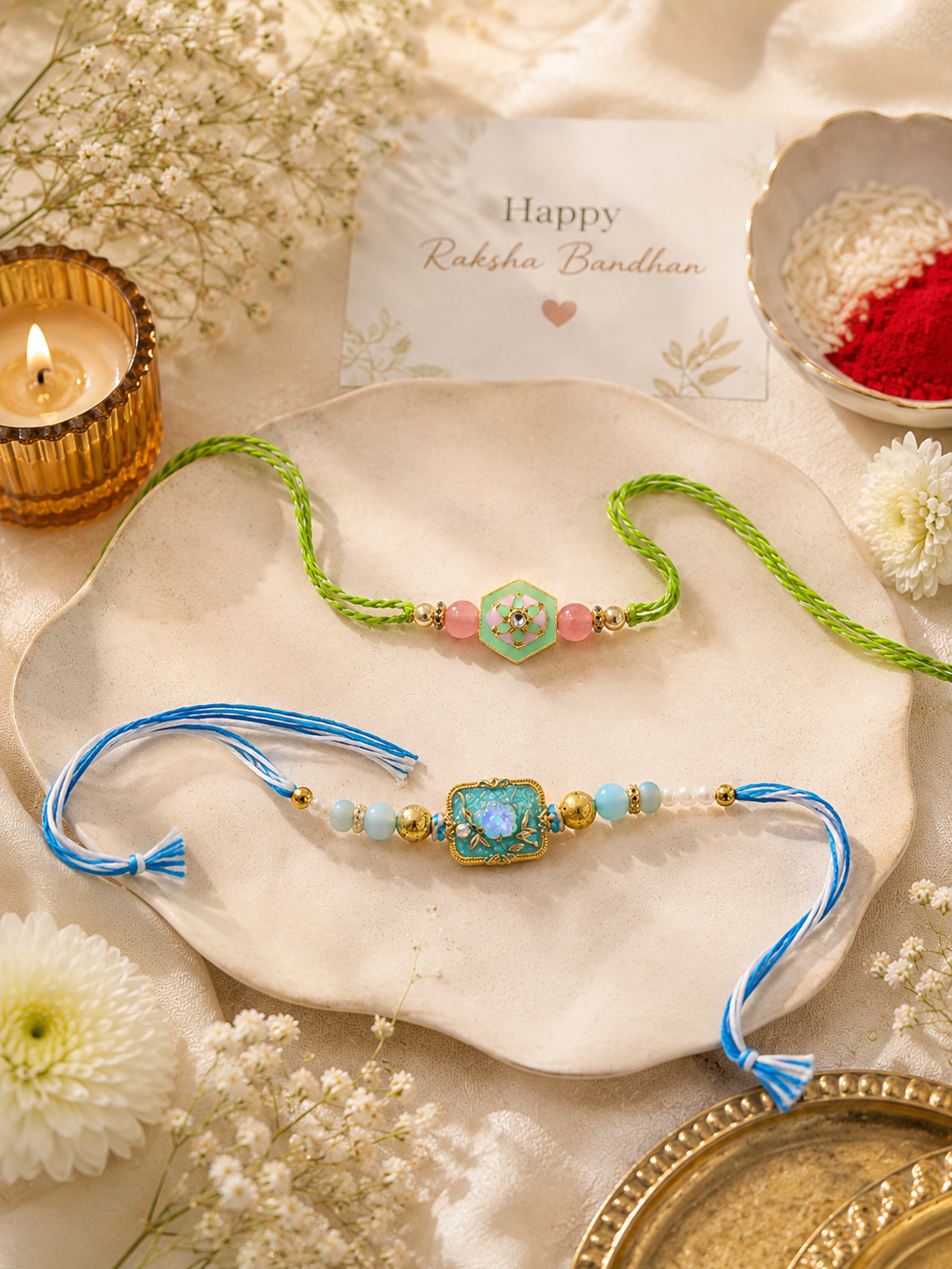 Pastel Bloom Rakhi Set of 2 – Handcrafted Floral Designer Rakhis