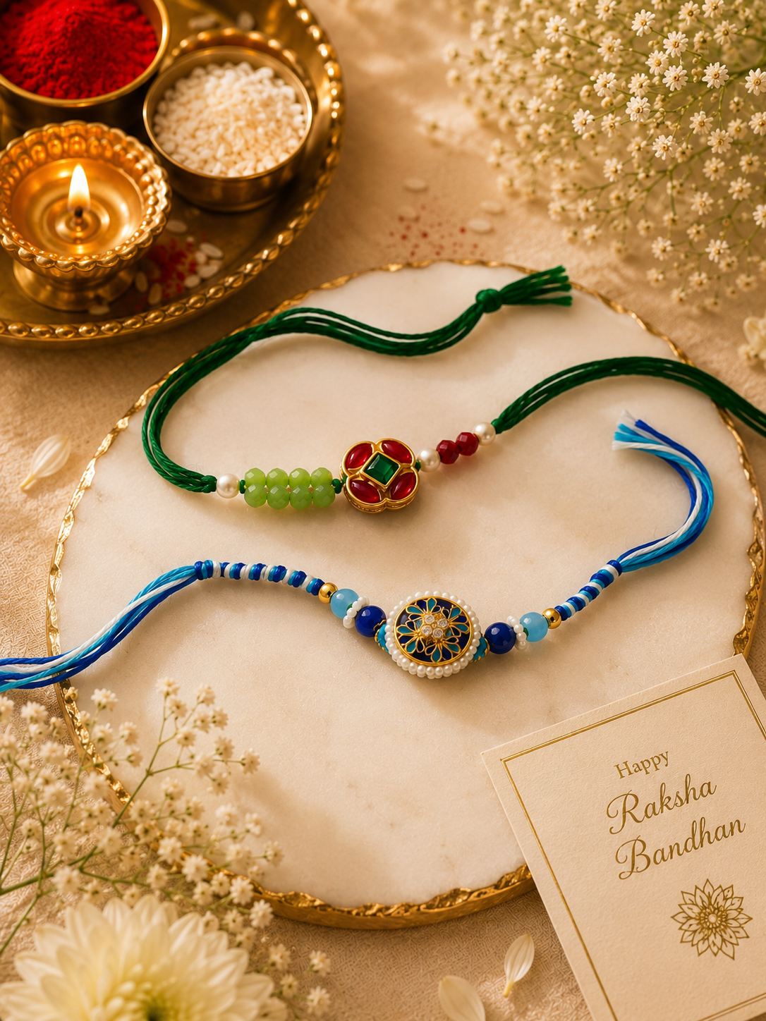 Designer Rakhi Set of 2 | Blue Floral & Green Kundan Rakhi Combo