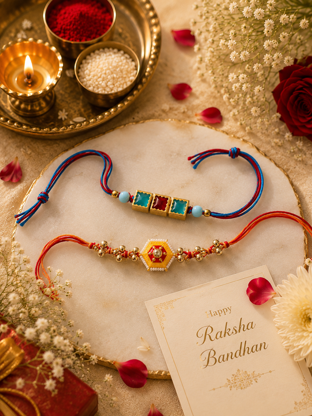 Designer Rakhi Set of 2 | Colorful Stone & Hexagon Beaded Rakhi Combo