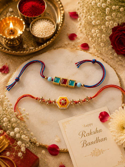 Designer Rakhi Set of 2 | Colorful Stone & Hexagon Beaded Rakhi Combo