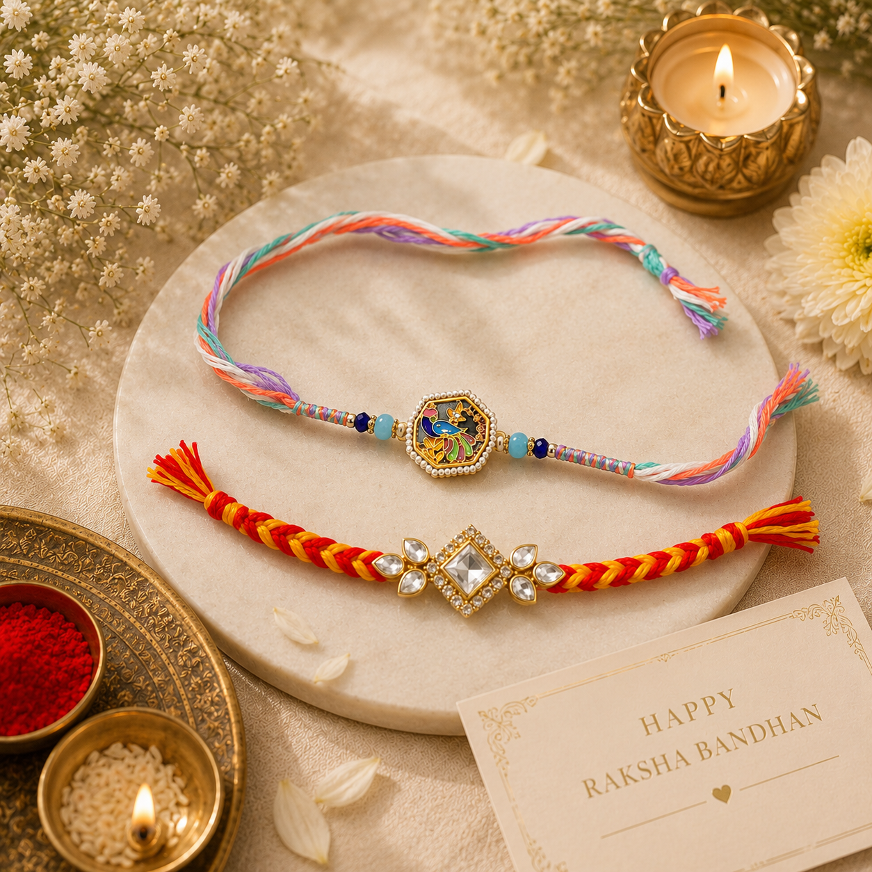 Designer Rakhi Set of 2 | Peacock Enamel & Kundan Stone Rakhi Combo