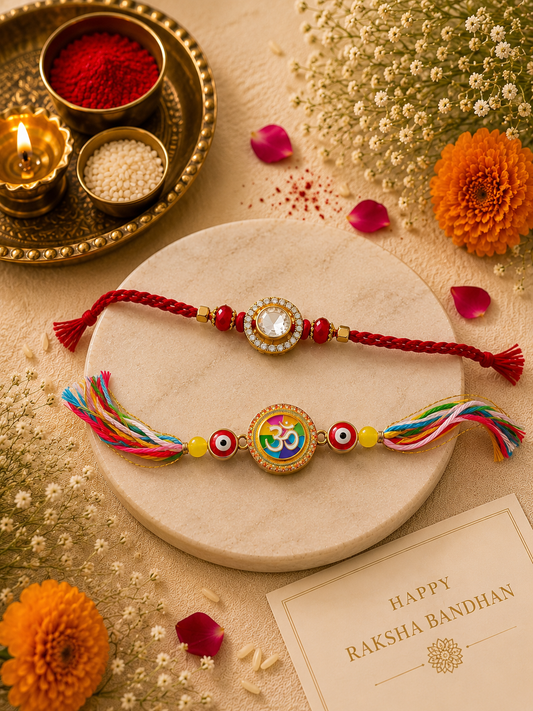 Designer Rakhi Set of 2 | Om Evil Eye & Crystal Stone Rakhi Combo