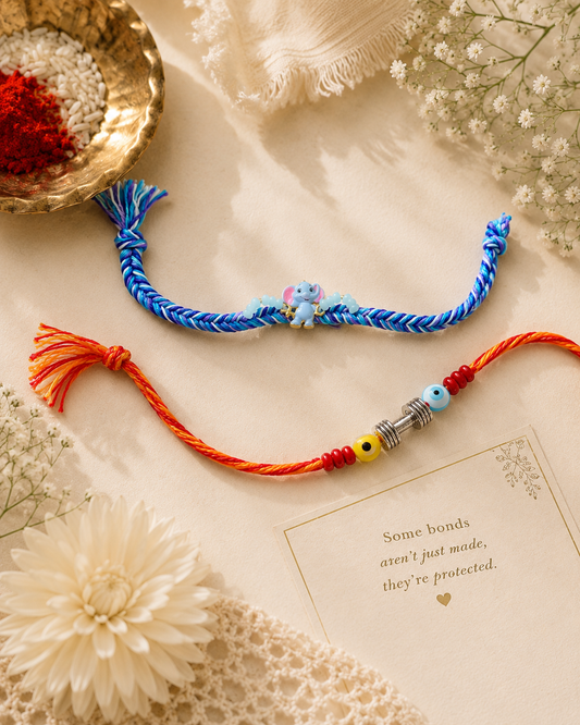 Kids Rakhi Combo Set – Blue Elephant Charm & Evil Eye Protection Rakhi