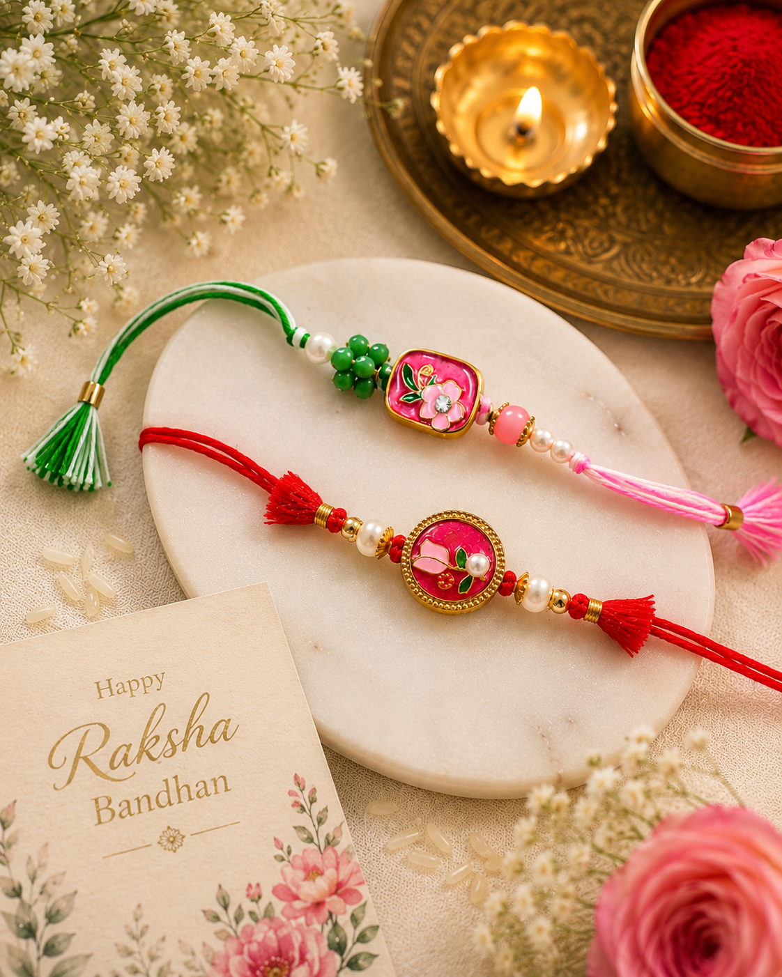 Floral Meenakari Rakhi Set – Handcrafted Pink & Pearl Designer Rakhi Collection (Set of 2)