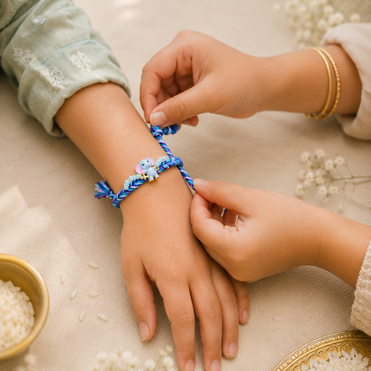 Kids Rakhi Combo Set – Blue Elephant Charm & Evil Eye Protection Rakhi