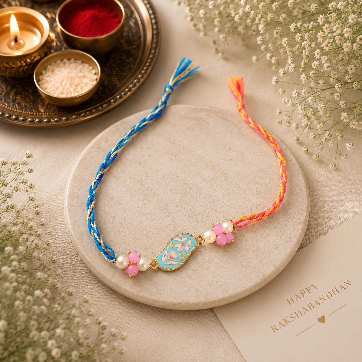 Evil Eye & Pastel Charm Rakhi Set – Handcrafted Designer Rakhi Combo for Brother