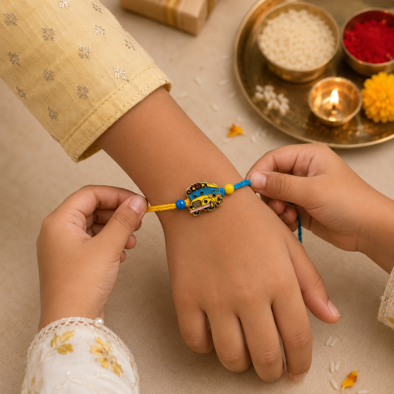 Kids Adventure Rakhi Set – Helicopter & School Bus Designer Rakhi for Raksha Bandhan