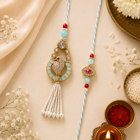 Evil Eye Bhaiya Bhabhi Rakhi Set – Pastel Blue Pearl Tassel Lumba Rakhi Combo