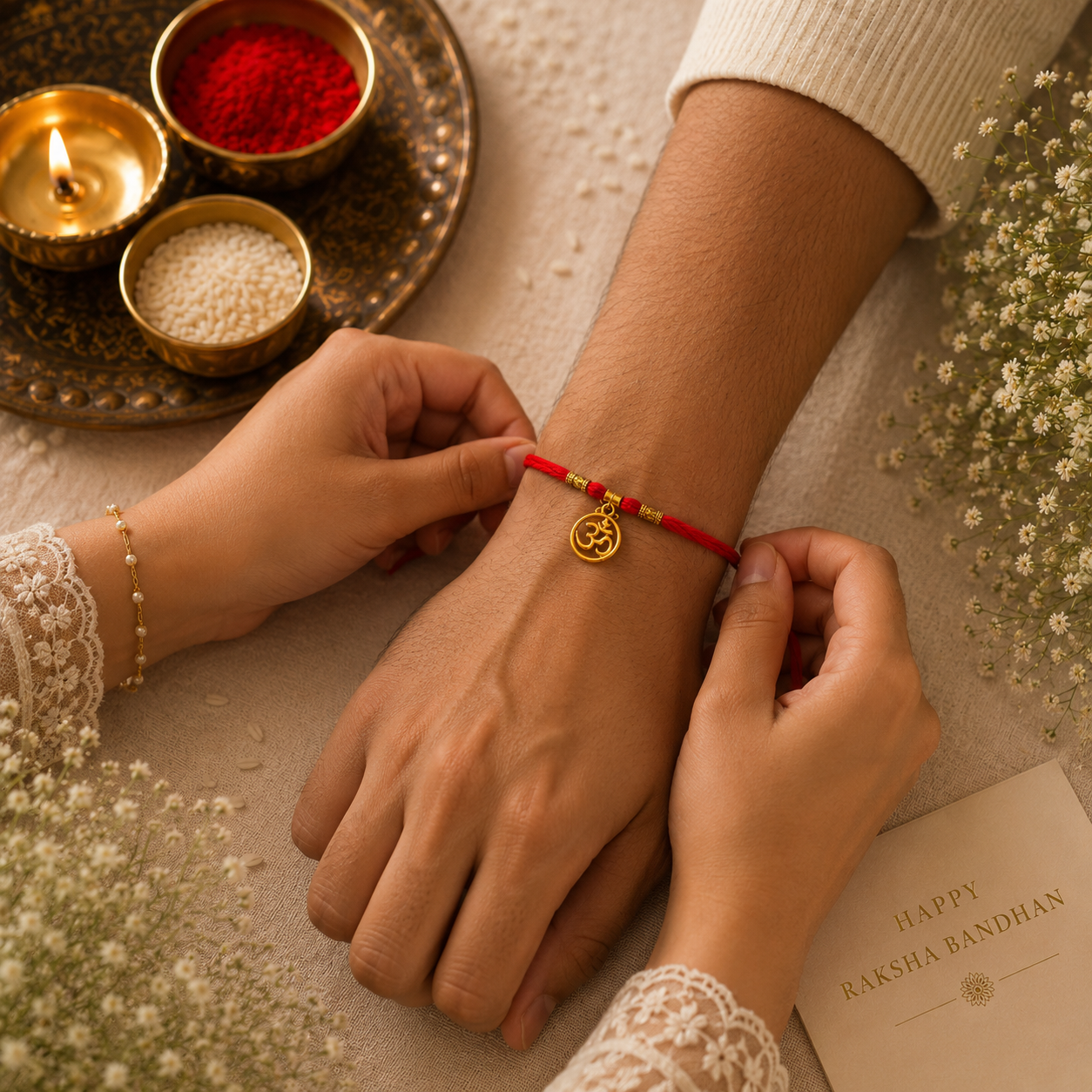 Sacred Trio Rakhi Set – Floral Bead, Om Charm & Traditional Thread Rakhi Collection