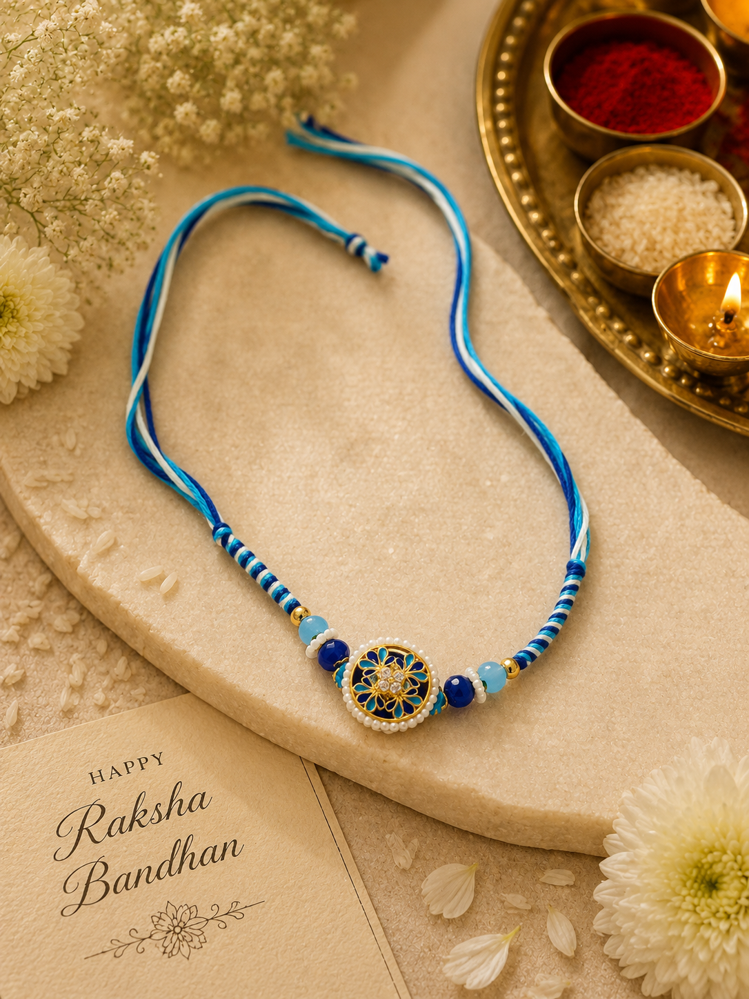 Designer Rakhi Set of 2 | Blue Floral & Green Kundan Rakhi Combo