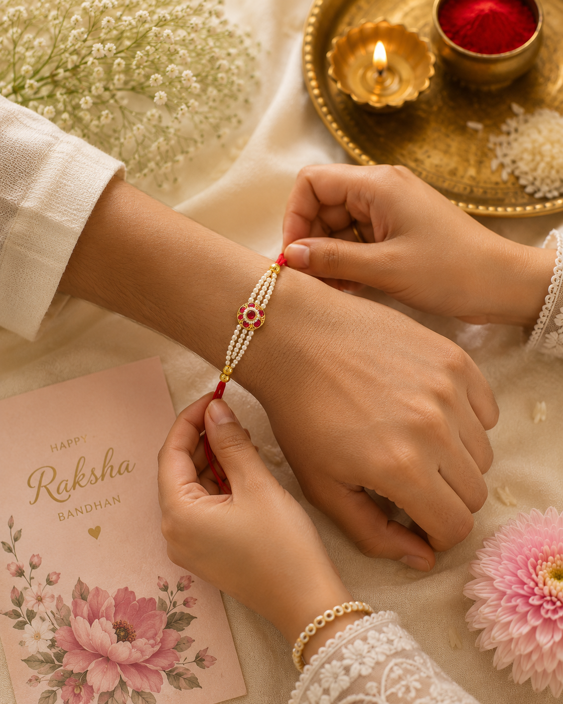 Royal Pearl & Ruby Floral Rakhi with Triple-Strand Beads