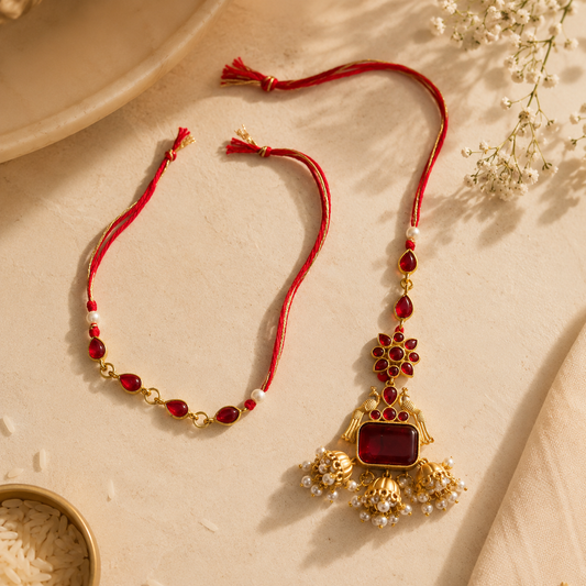 Elegant Ruby Stone Bhaiya Bhabhi Rakhi Set with Pearl Jhumki Lumba