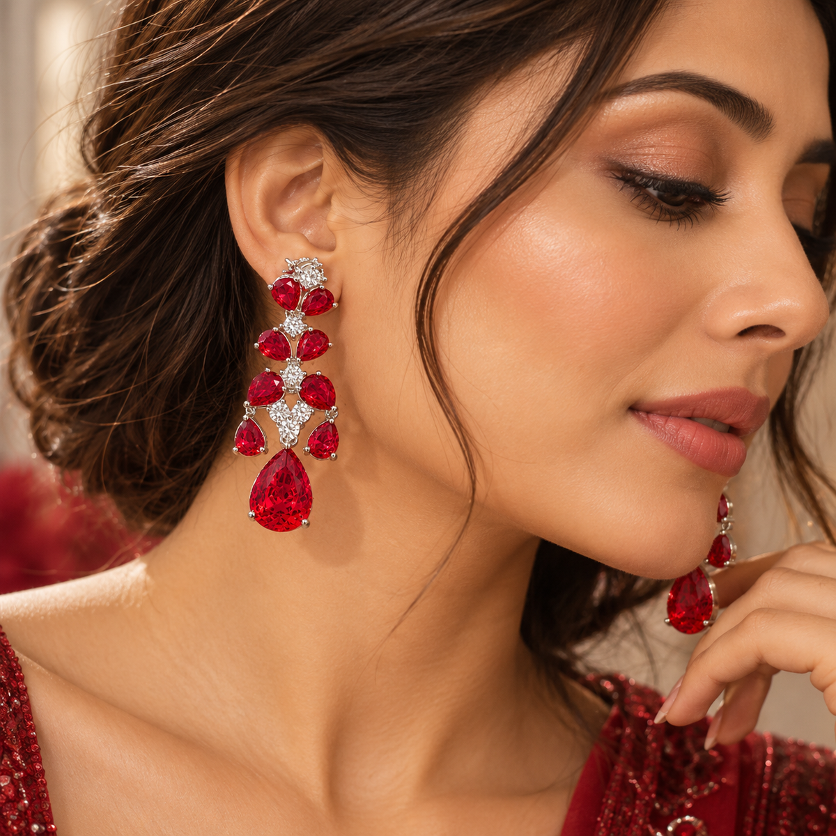 Ruby Red Floral Drop Earrings