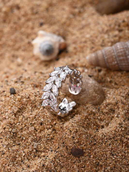 Silver Frosted Leaf Adjustable Ring with Marquise CZ Stone Design