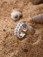 Silver Frosted Leaf Adjustable Ring with Marquise CZ Stone Design