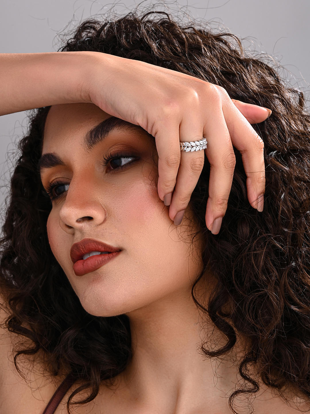 Silver Frosted Leaf Adjustable Ring with Marquise CZ Stone Design