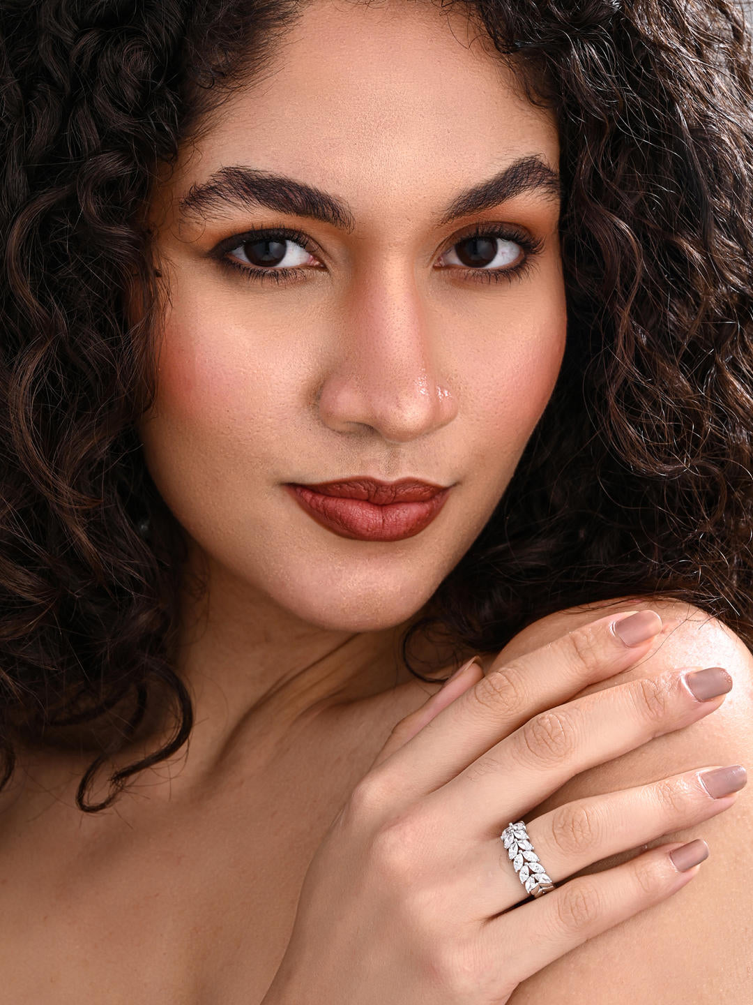 Silver Frosted Leaf Adjustable Ring with Marquise CZ Stone Design