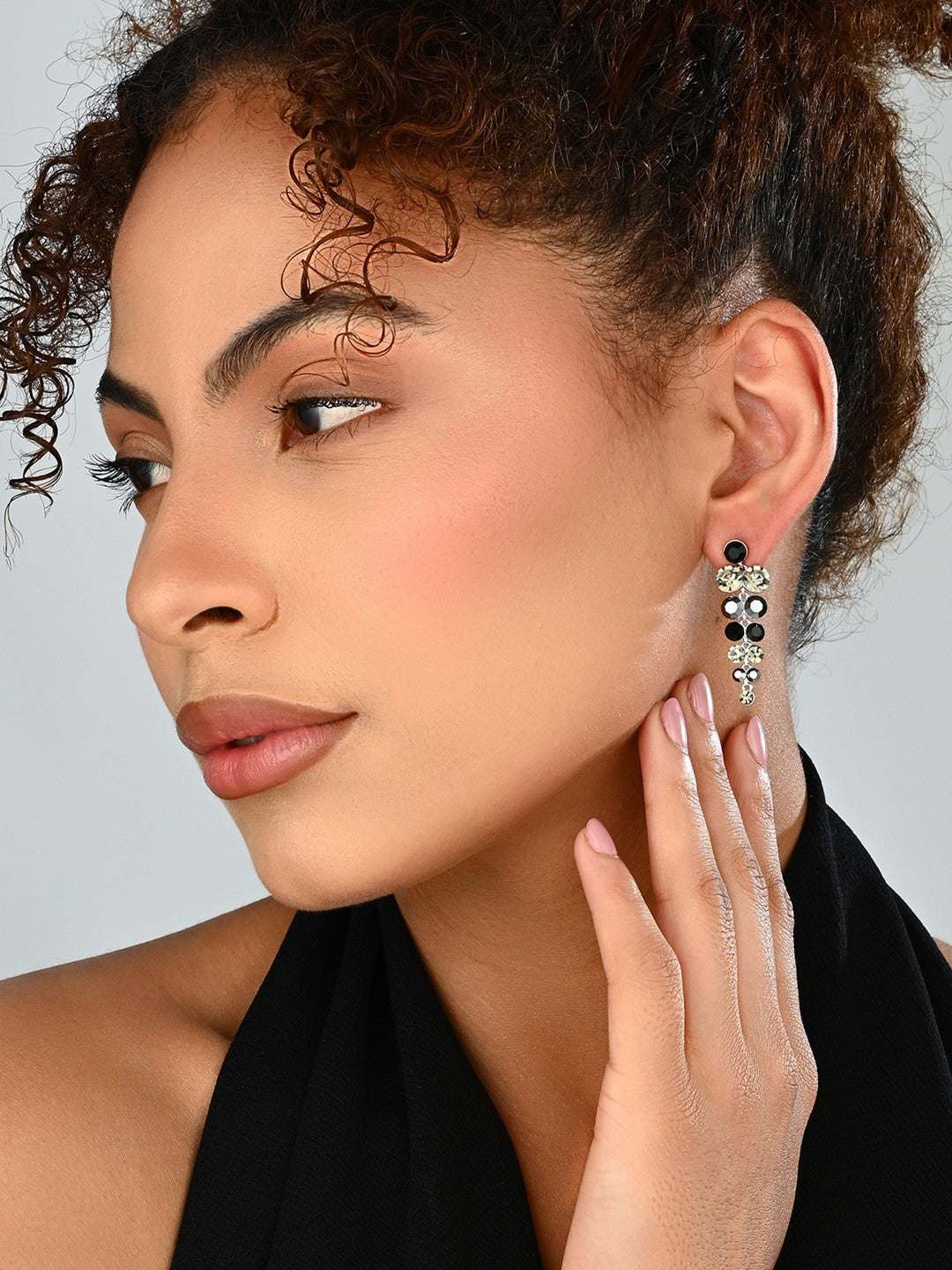 Black & Crystal Stone Drop Earrings